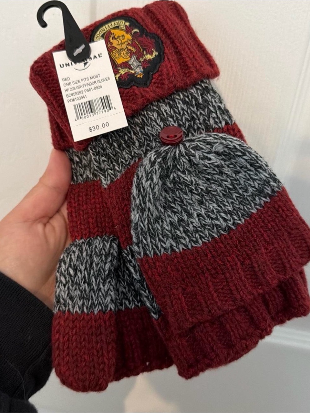 Gryffindor Harry Potter Red & Gray Two-Tone Knit Mittens with Button Accent
